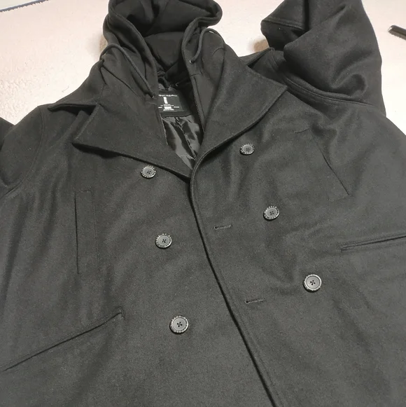 Black Wool Peacoat Hooded Coat XXL Double Breasted